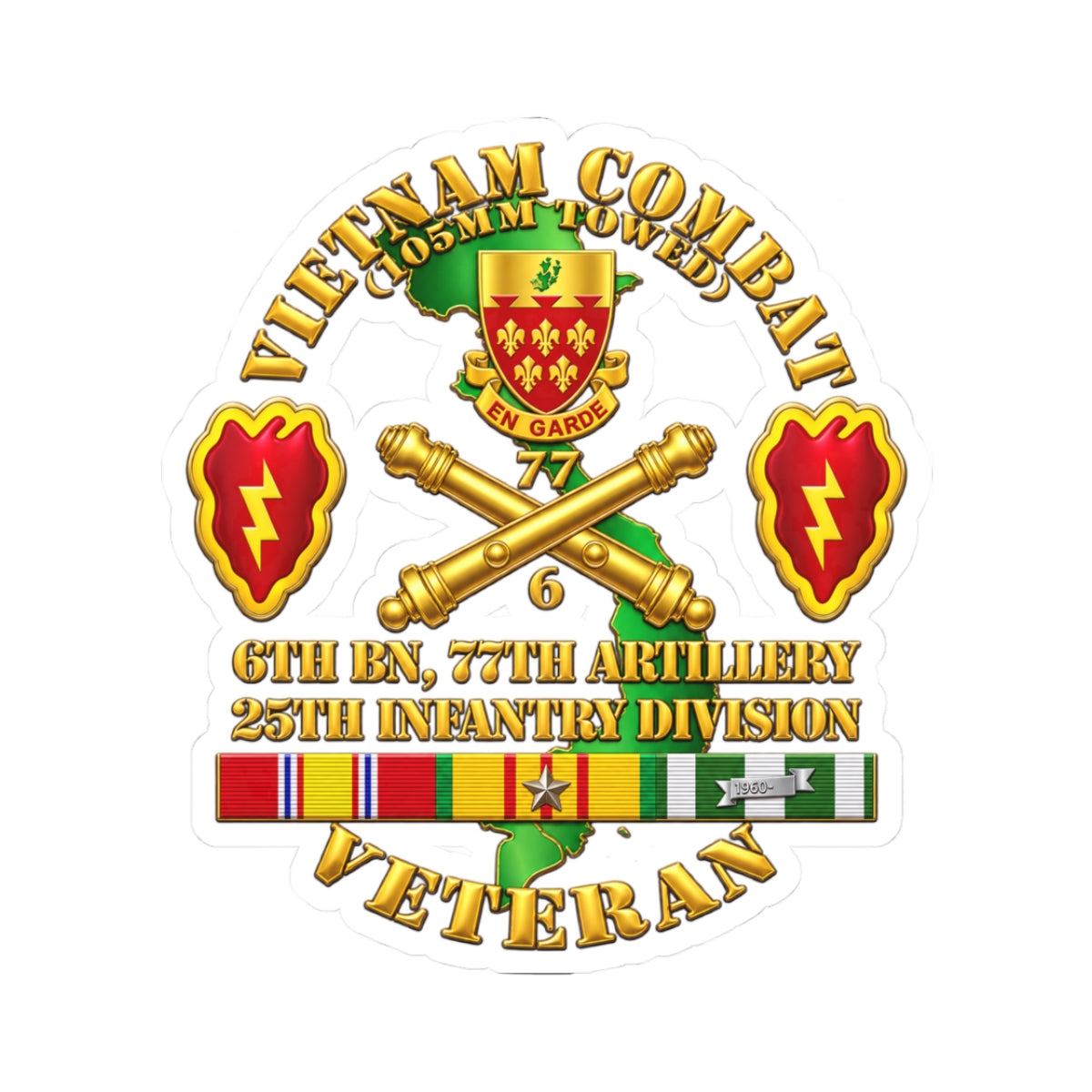 Kiss-Cut Stickers - Army - Vietnam Combat Veteran w 6th Bn 77th Artillery DUI -25th Infantry Div - 3D - Transparent