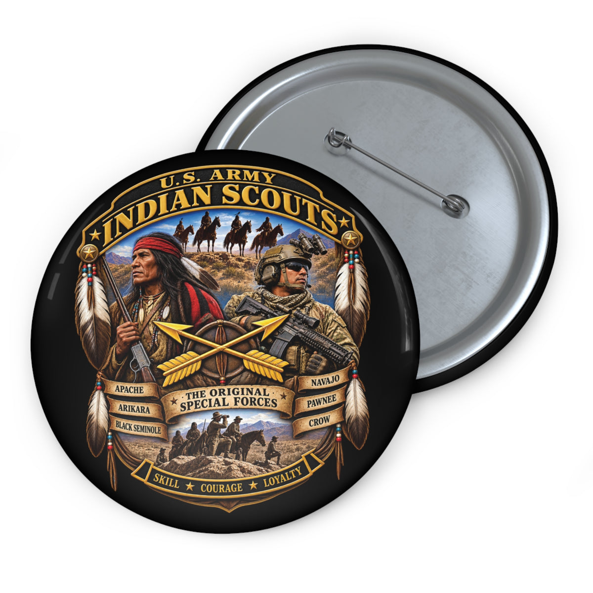 Custom Pin Buttons - United States Indian Scouts (USS) - Original Special Forces - 3D - Enhanced