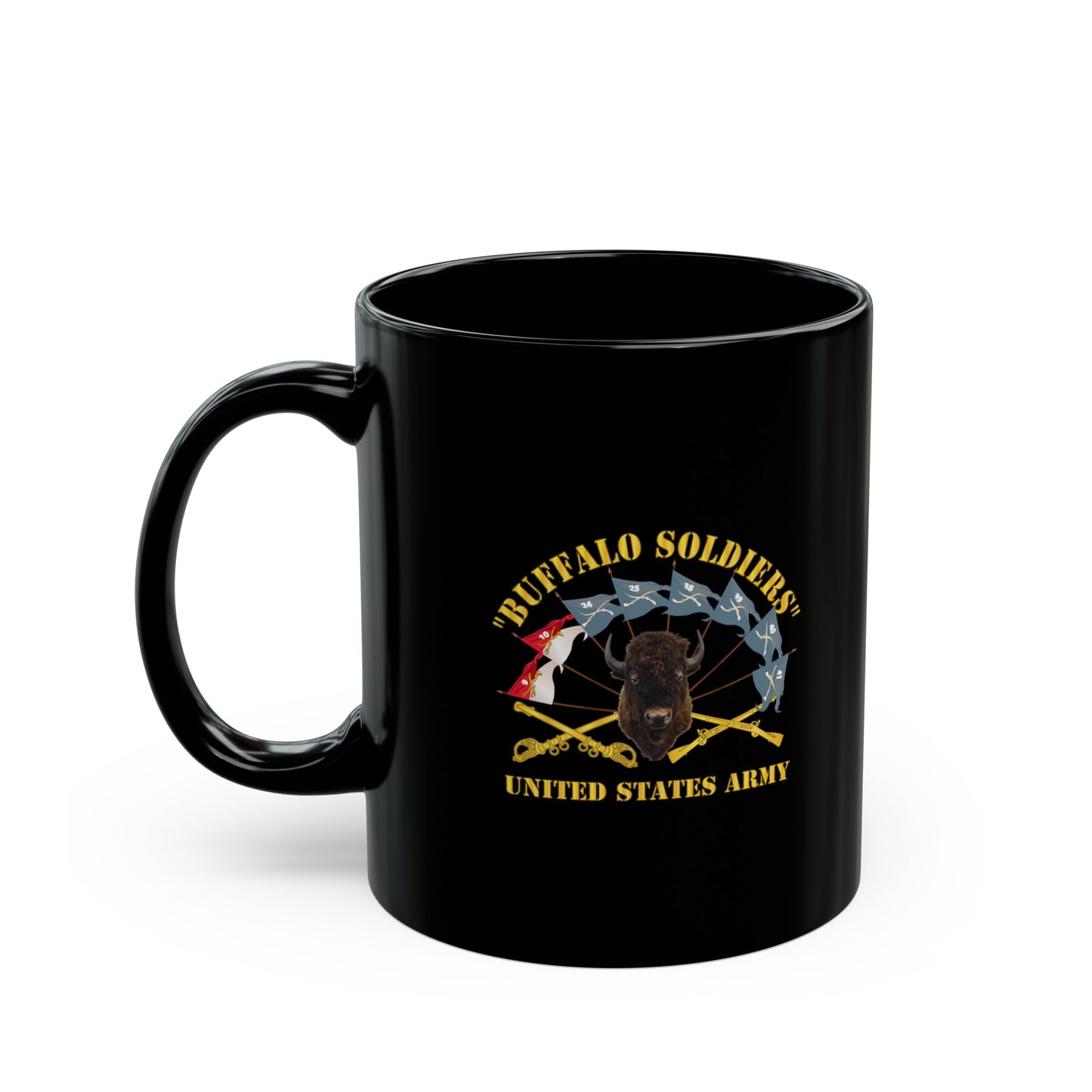 Black Mug 15oz - Army - Buffalo Soldiers - Infantry - Cavalry Guidons w Buffalo Head - US Army X 300
