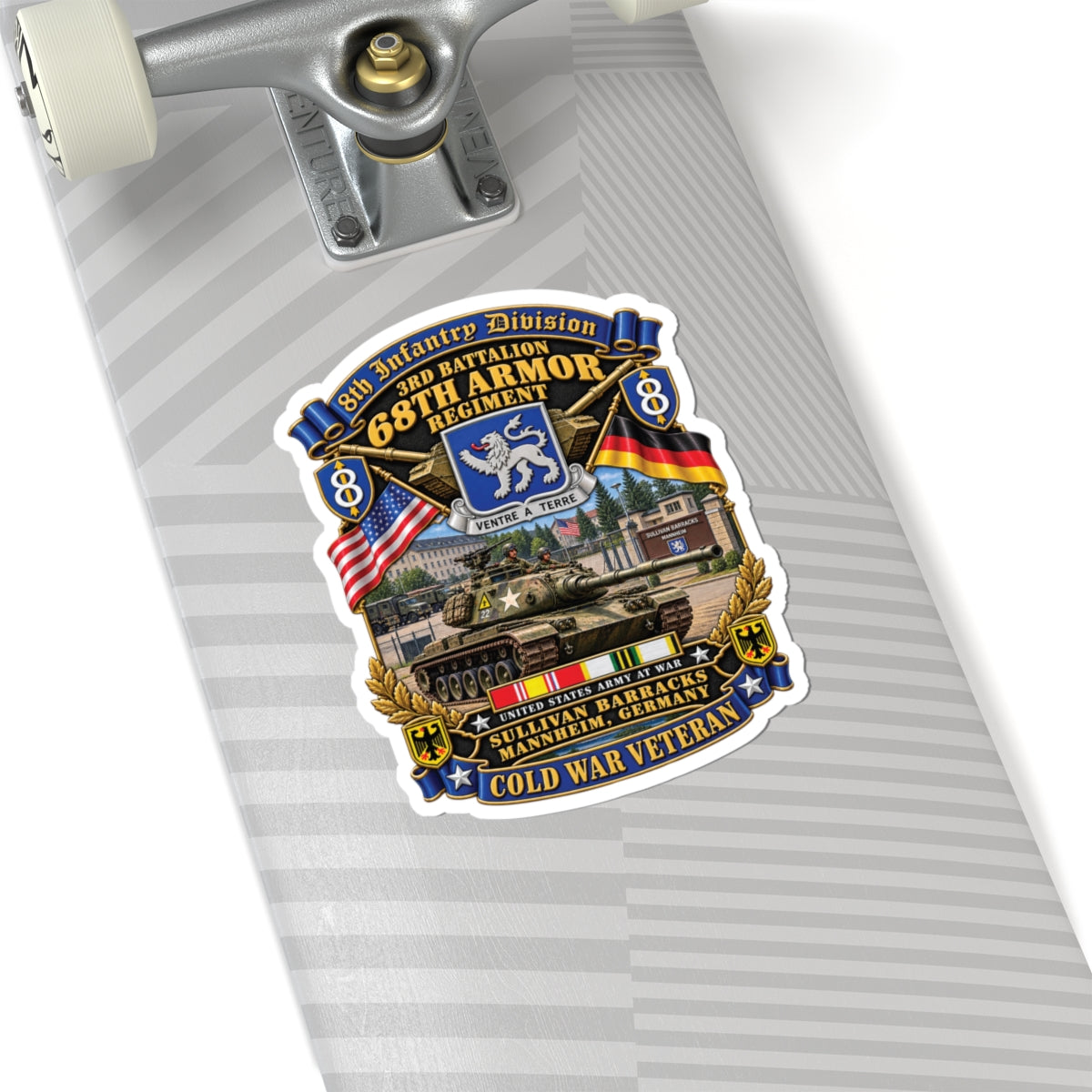 Kiss-Cut Stickers - 8th Infantry Division Scroll - 3rd Bn 68th Armor Regiment - Sullivan Barracks, Mannheim, Germany - Cold War Vet w COLD SVC - 3D - Enhanced