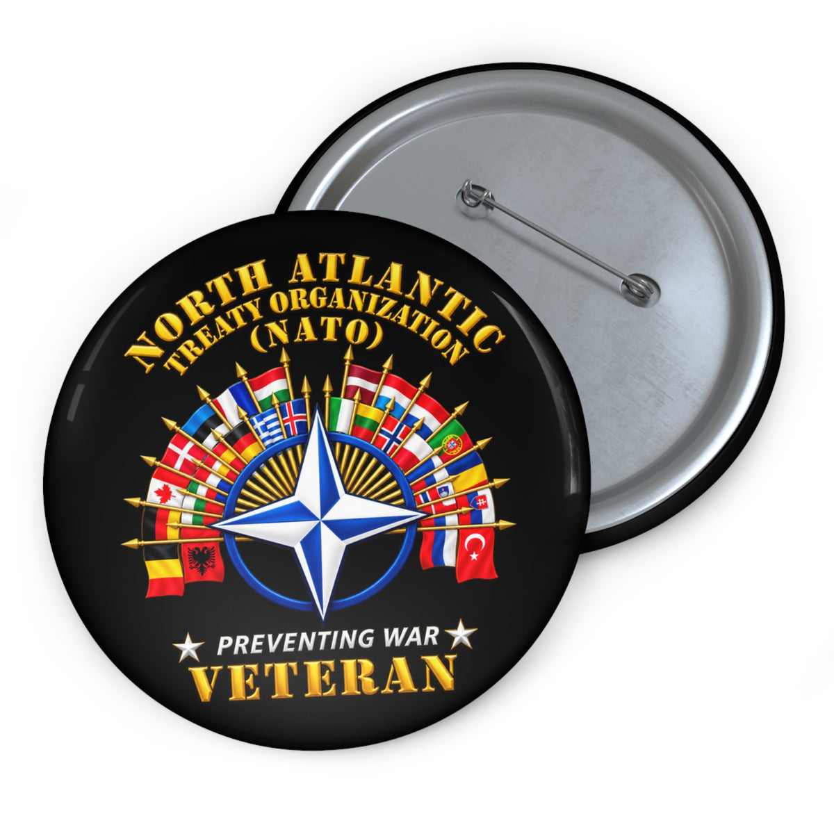 Custom Pin Buttons - NATO - Polished NATO Veteran - with flags - 3D - Transparent
