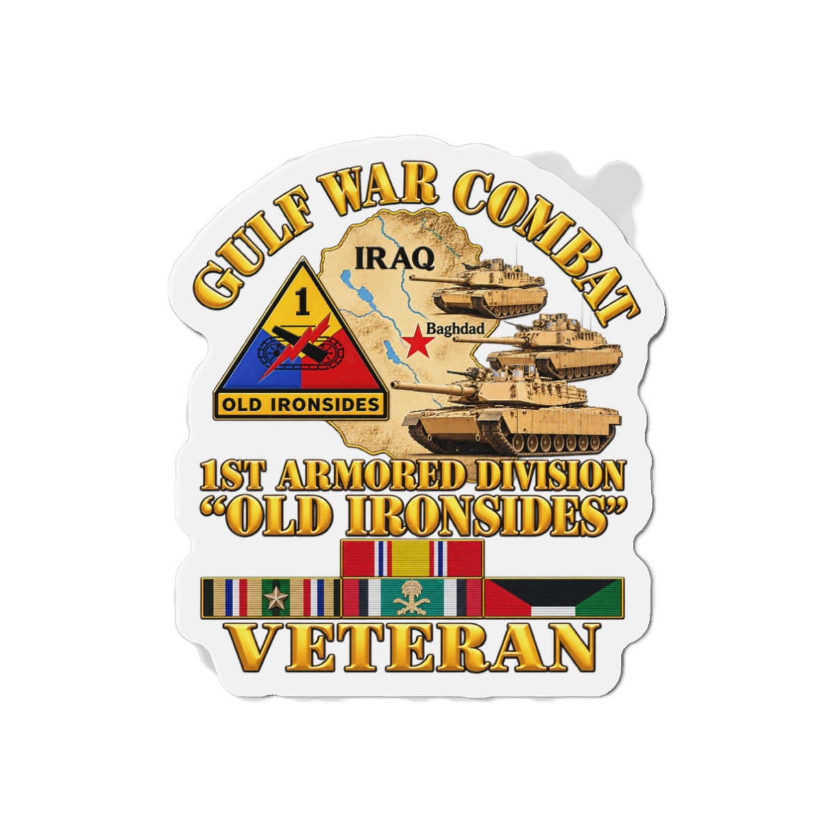 Die-Cut Magnets — Army - Gulf War Combat - 1st Armored Divi - Old Ironsides - Veteran - Map w GULF SVC - 3D - Enhanced