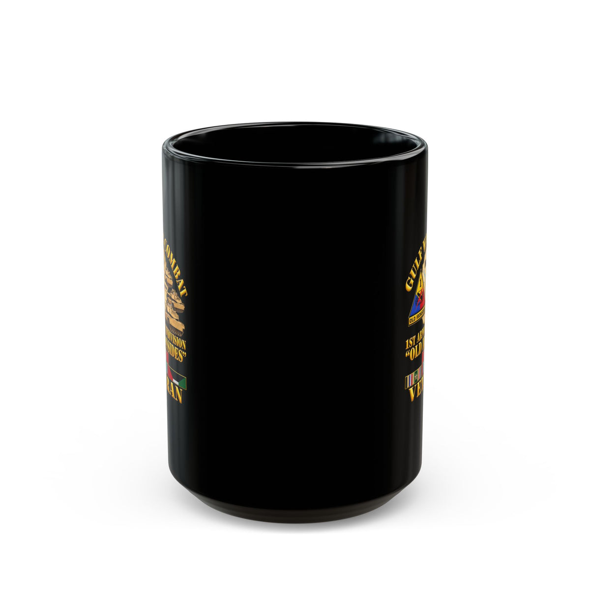 Black Mug  (15oz) - Army - Gulf War Combat - 1st Armored Divi - Old Ironsides - Veteran - Map w GULF SVC - 3D - Enhanced