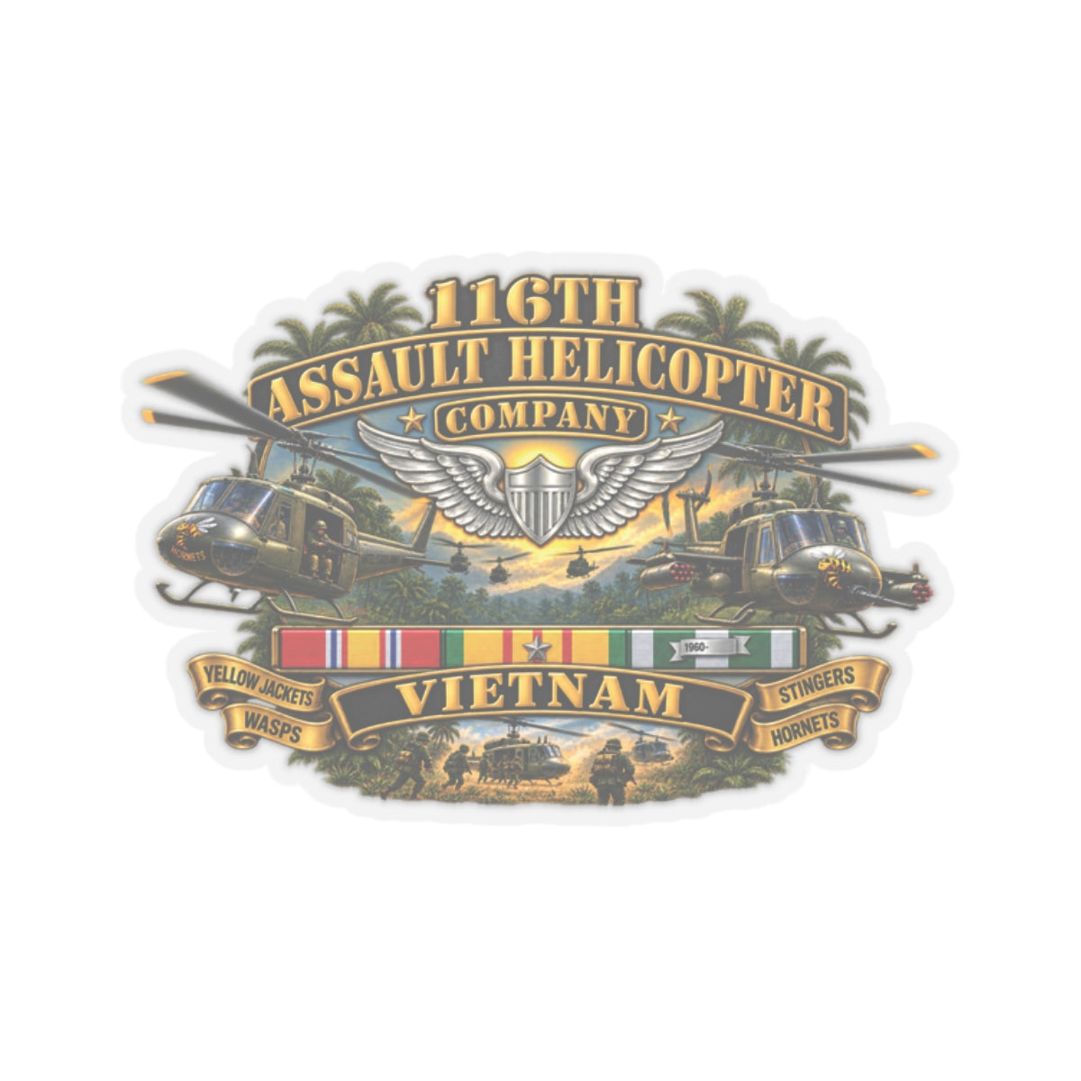 Kiss-Cut Stickers - Army - 116th Assault Helicopter Co w  Aviator Badge w VN SVC - HORNETS - 3D - Enhanced