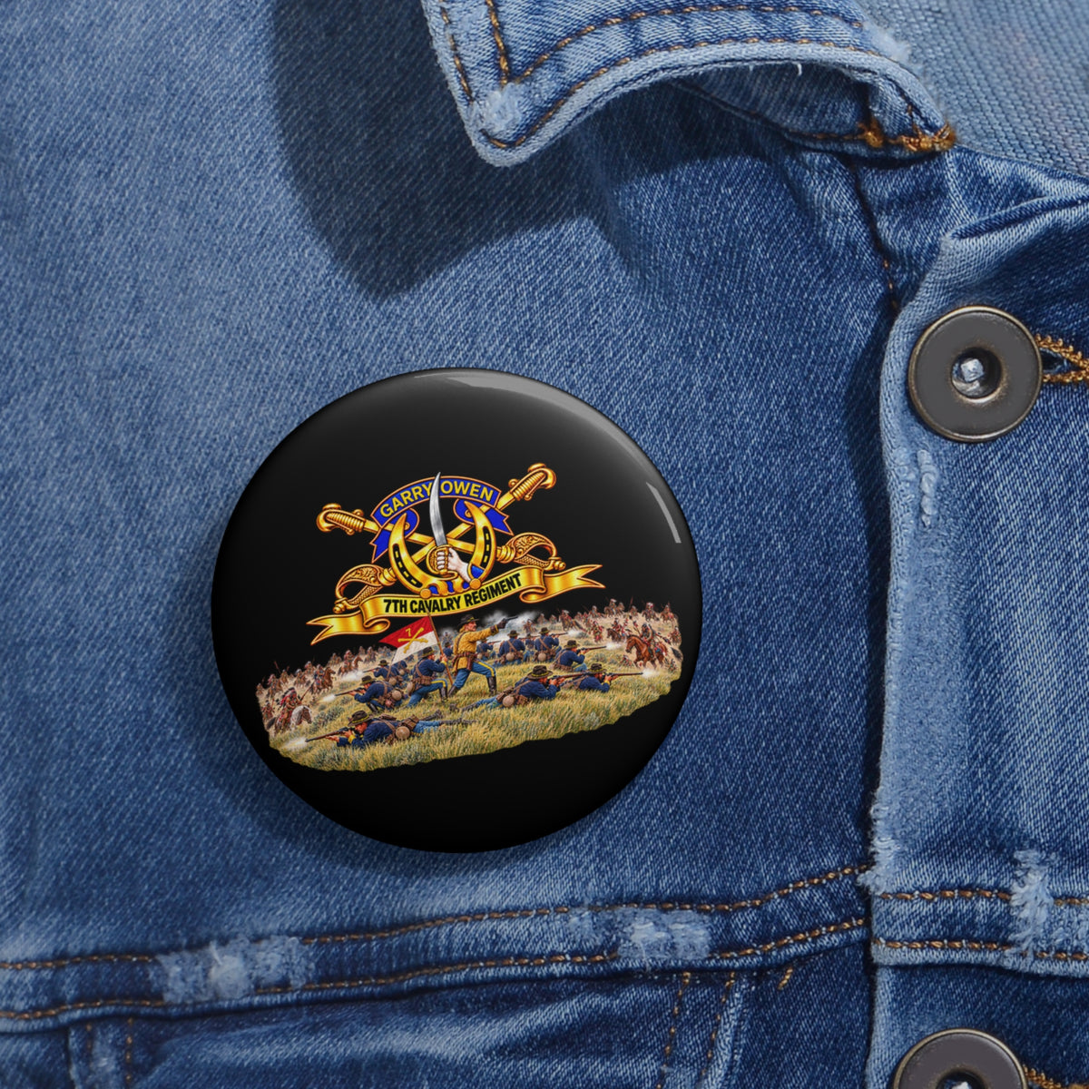 Custom Pin Buttons - 7th Cavalry Regiment - DUI, Br, Ribbon w  Battle of Little Big Horn Scene - 3D - Transparent