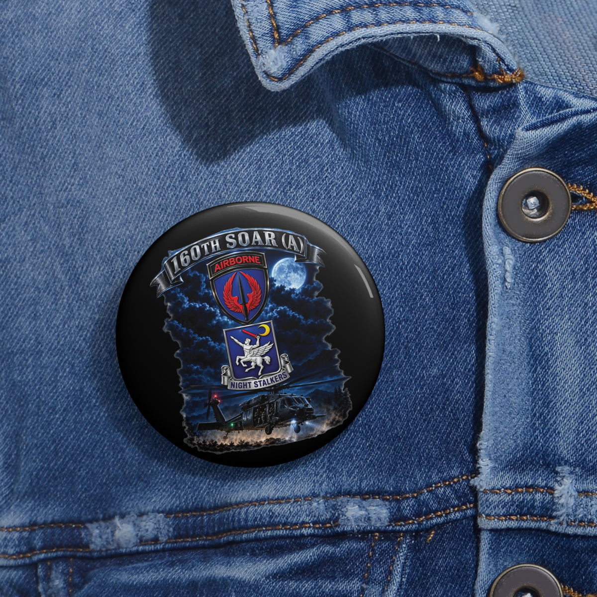 Custom Pin Buttons - USASOAC - SSI, 160th Special Operations Regiment Airborne  DUI with Scene Blackhawk - 3D - Enhanced
