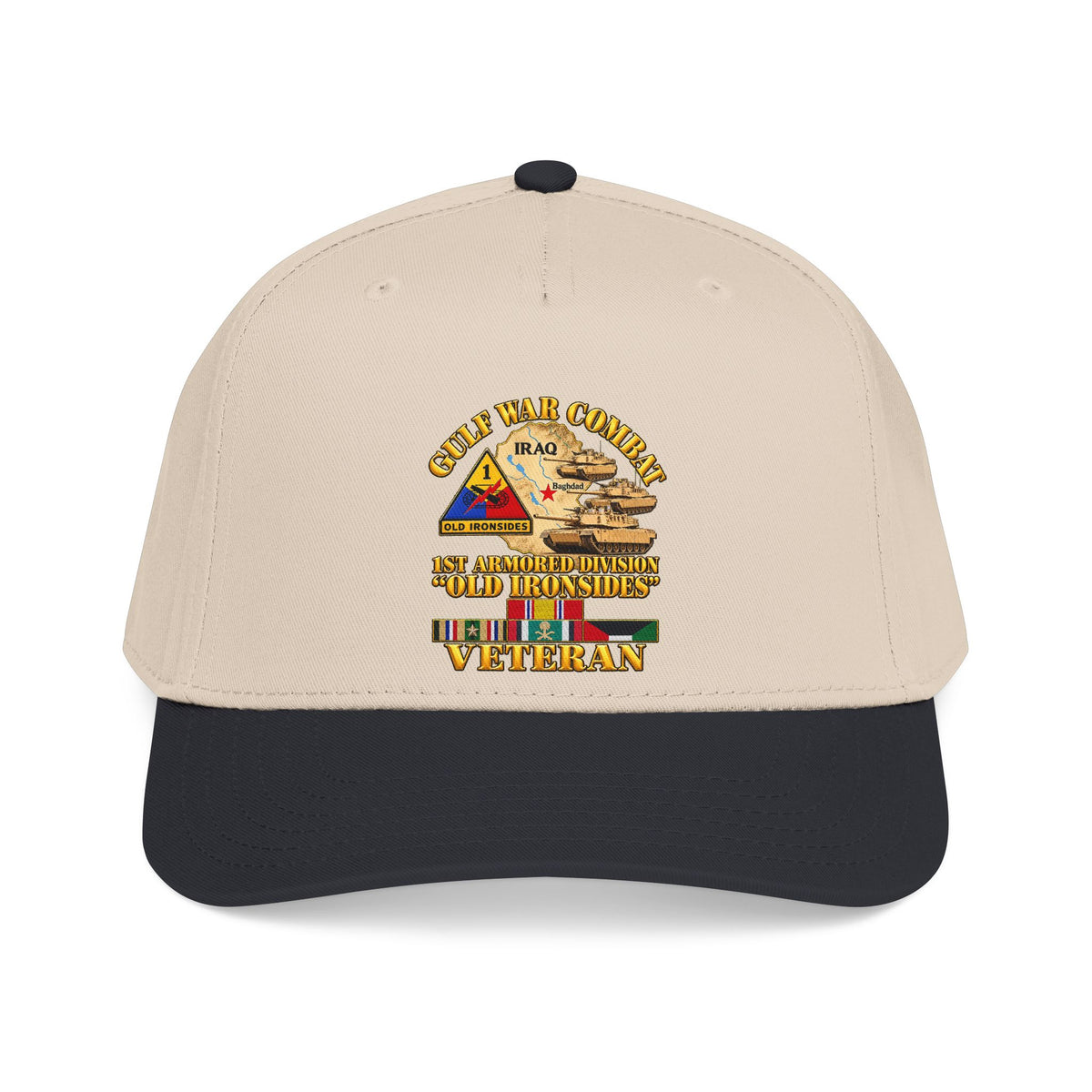 Mid Profile Baseball Cap - Army - Gulf War Combat - 1st Armored Divi - Old Ironsides - Veteran - Map w GULF SVC - 3D - Enhanced