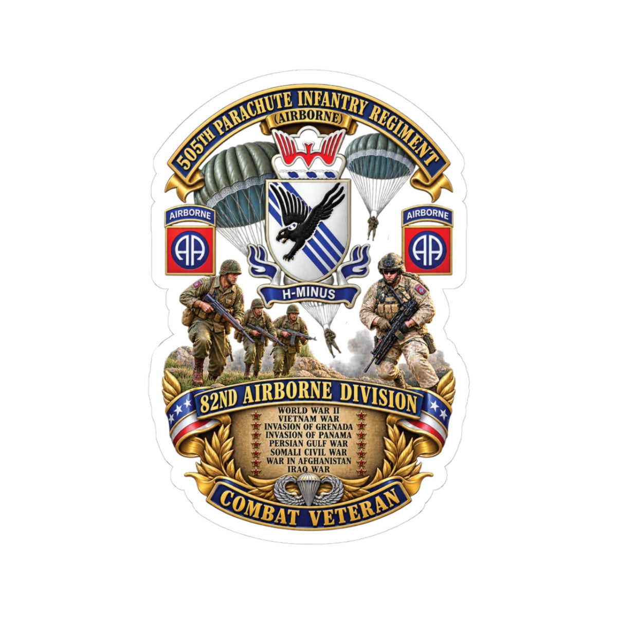 Kiss-Cut Stickers - Army - Combat Vet w 505th PIR - 82nd Airborne  w Campaigns - Soldiers - SSI - 3D - Enhanced