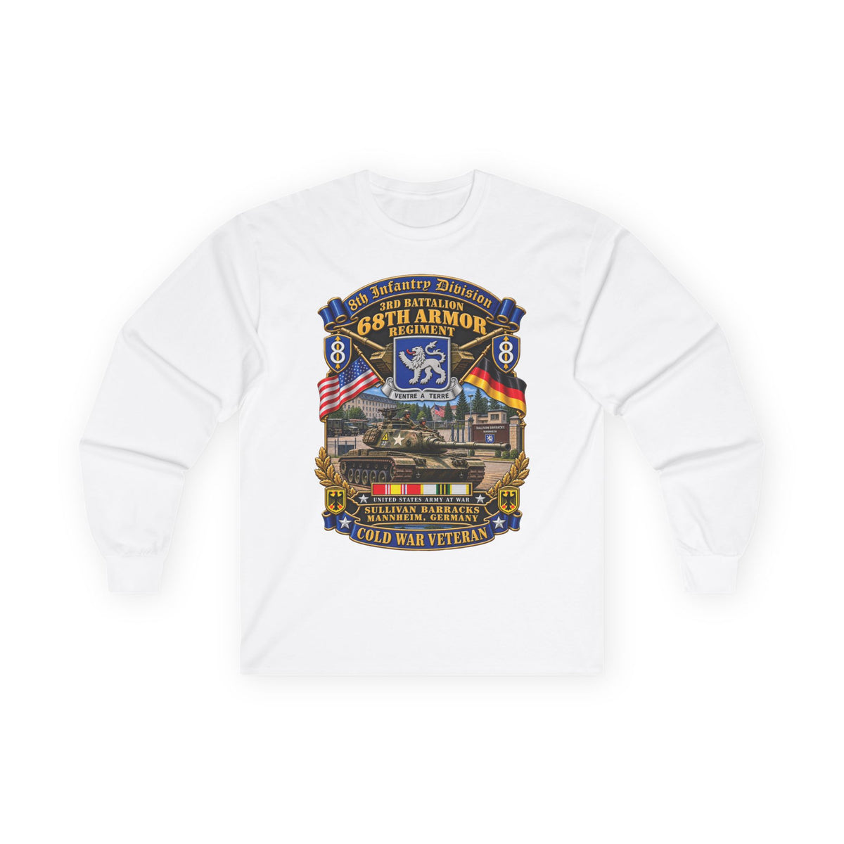 Unisex Ultra Cotton Long Sleeve Tee - 8th Infantry Division Scroll - 3rd Bn 68th Armor Regiment - Sullivan Barracks, Mannheim, Germany - Cold War Vet w COLD SVC - 3D - Enhanced
