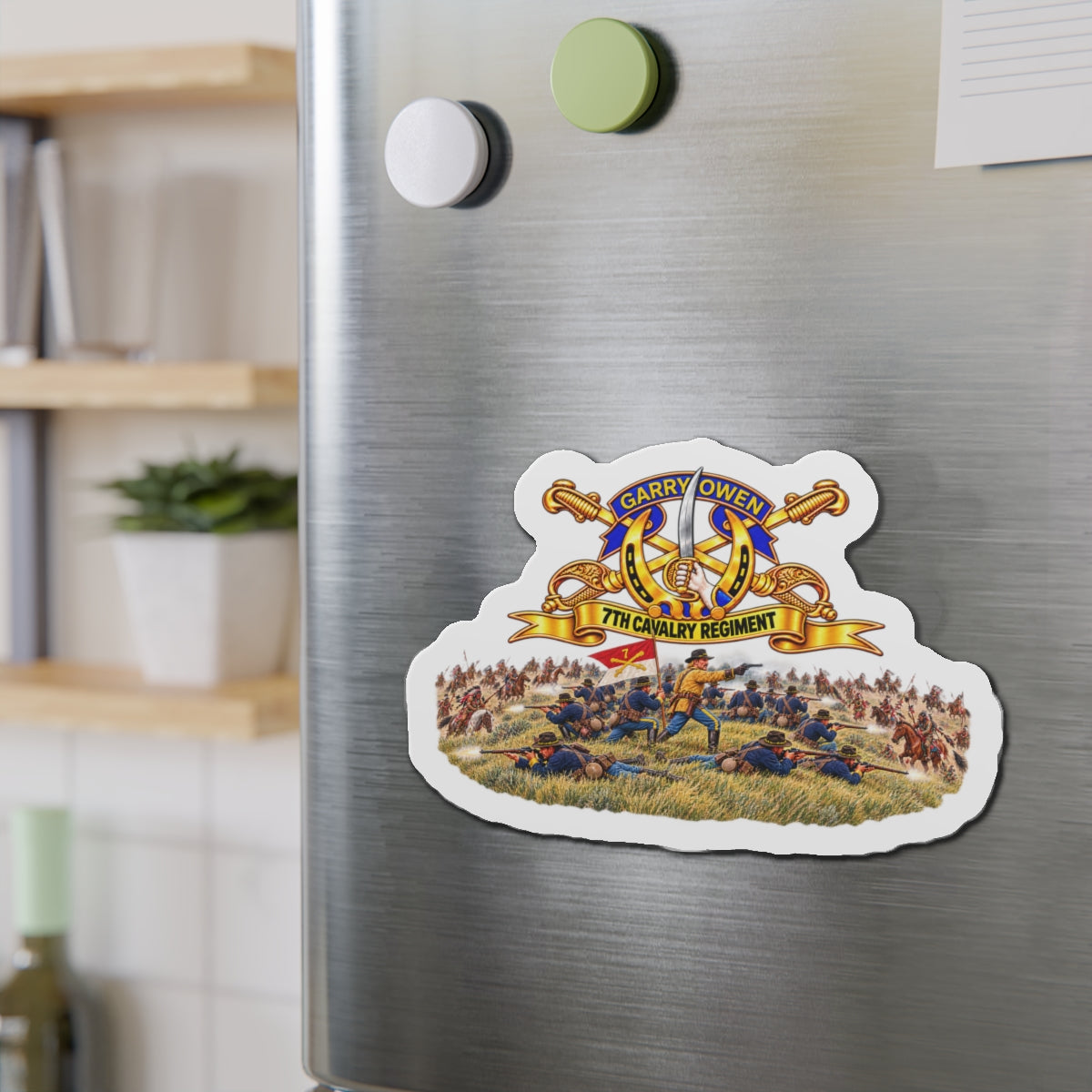 Die-Cut Magnets — 7th Cavalry Regiment - DUI, Br, Ribbon w  Battle of Little Big Horn Scene - 3D - Transparent
