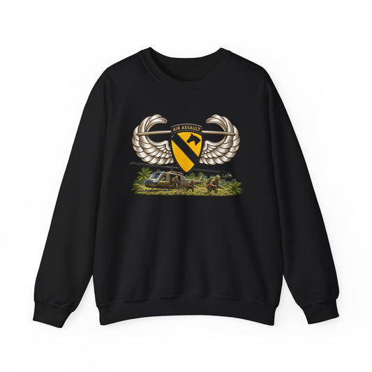 Crewneck Sweatshirt - 1st Cavalry Division w Air Assault Tab on Airborne Badge with Air Assault Scene - 3D - Transparent