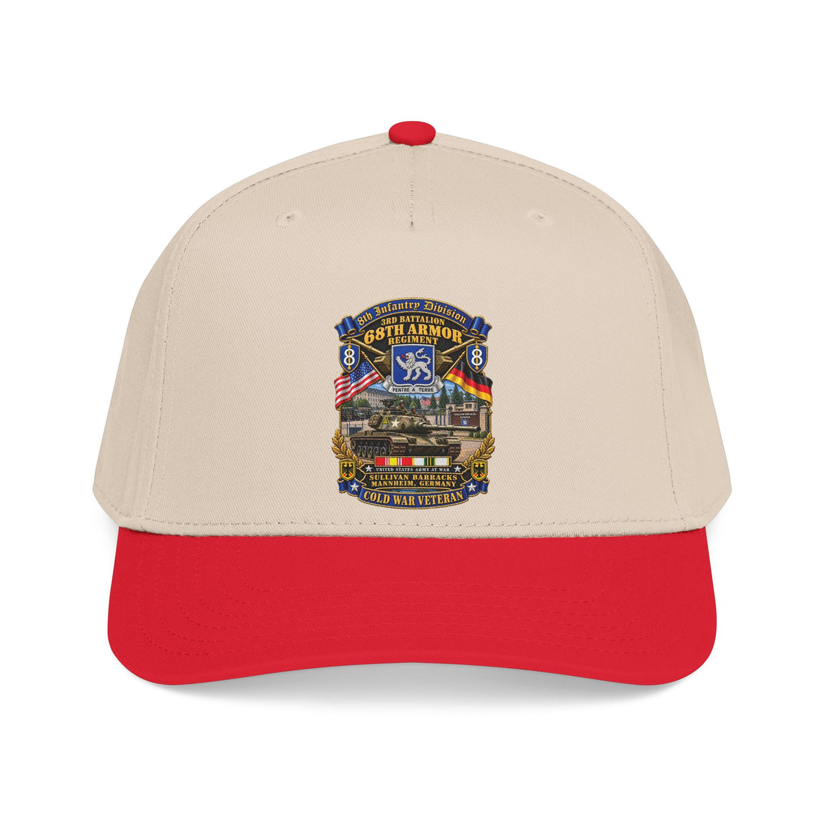 Mid Profile Baseball Cap - 8th Infantry Division Scroll - 3rd Bn 68th Armor Regiment - Sullivan Barracks, Mannheim, Germany - Cold War Vet w COLD SVC - 3D - Enhanced