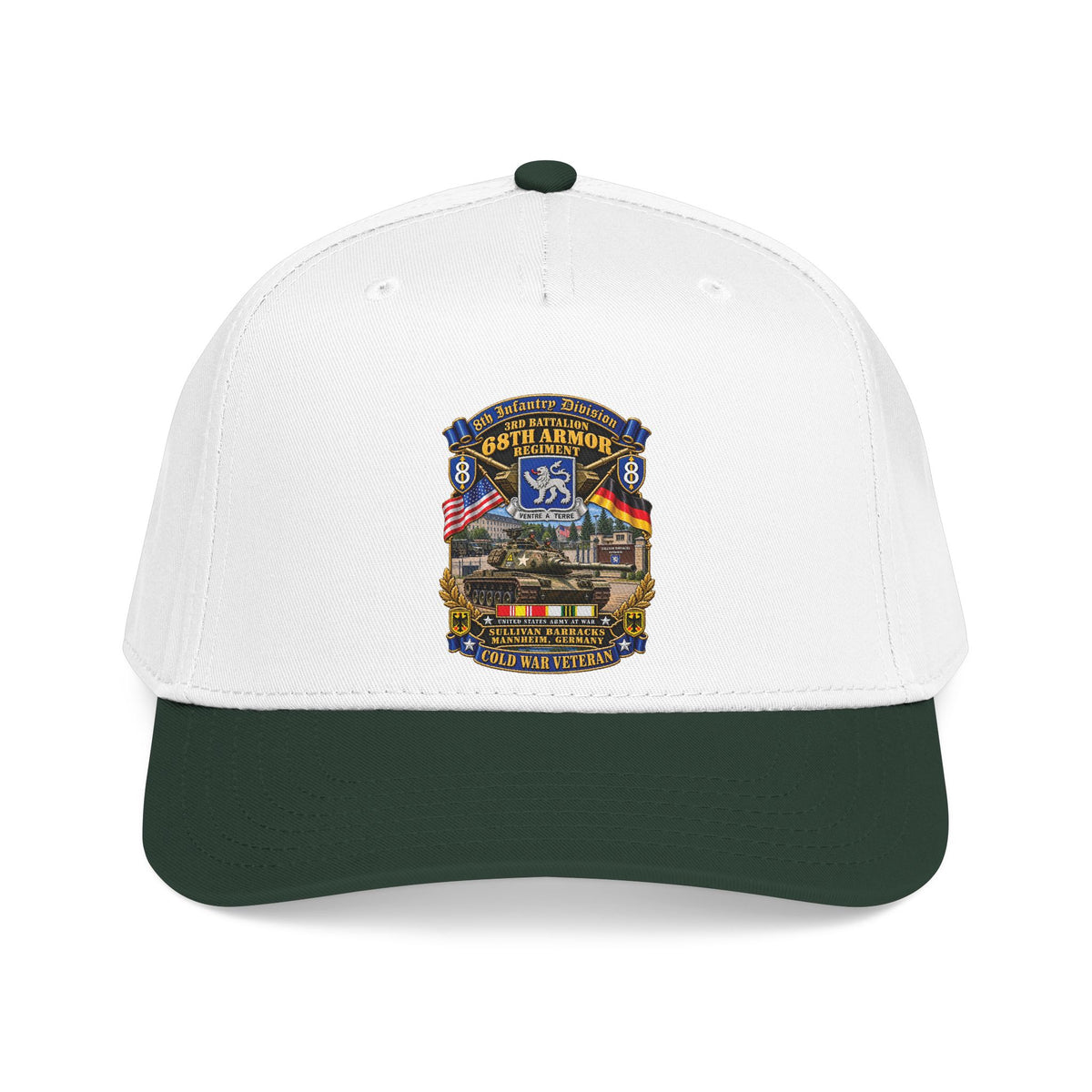 Mid Profile Baseball Cap - 8th Infantry Division Scroll - 3rd Bn 68th Armor Regiment - Sullivan Barracks, Mannheim, Germany - Cold War Vet w COLD SVC - 3D - Enhanced