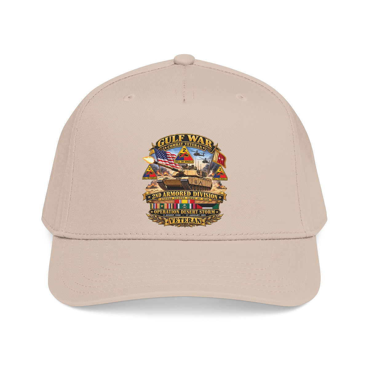 Mid Profile Baseball Cap - Army - Desert Storm - 2nd Armored Div - Combat Vereran Veteran w GULF SVC - 3D - Enhanced