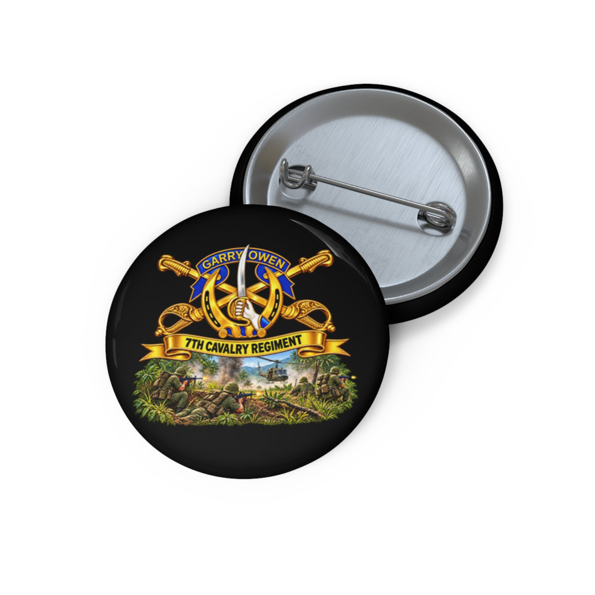 Custom Pin Buttons - 7th Cavalry Regiment - DUI, Br, Ribbon w  Battle of Ia drang Valley Scene - Vietnam - 3D - Transparent