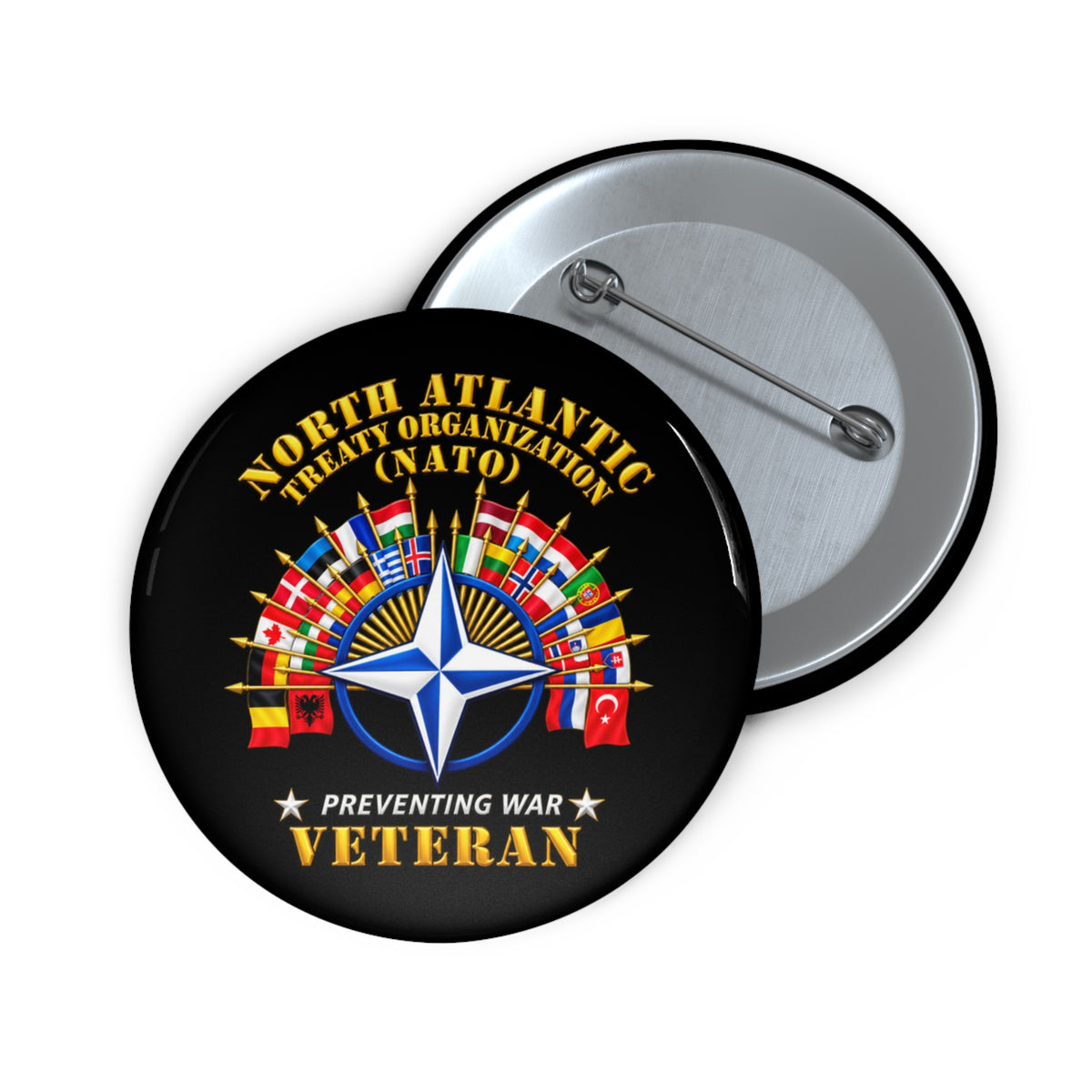 Custom Pin Buttons - NATO - Polished NATO Veteran - with flags - 3D - Transparent
