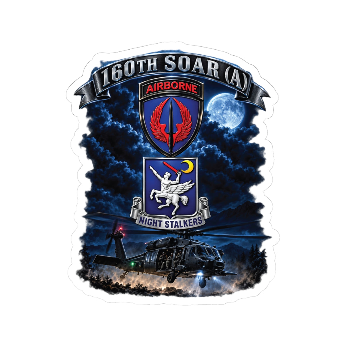 Kiss-Cut Stickers - USASOAC - SSI, 160th Special Operations Regiment Airborne  DUI with Scene Blackhawk - 3D - Enhanced