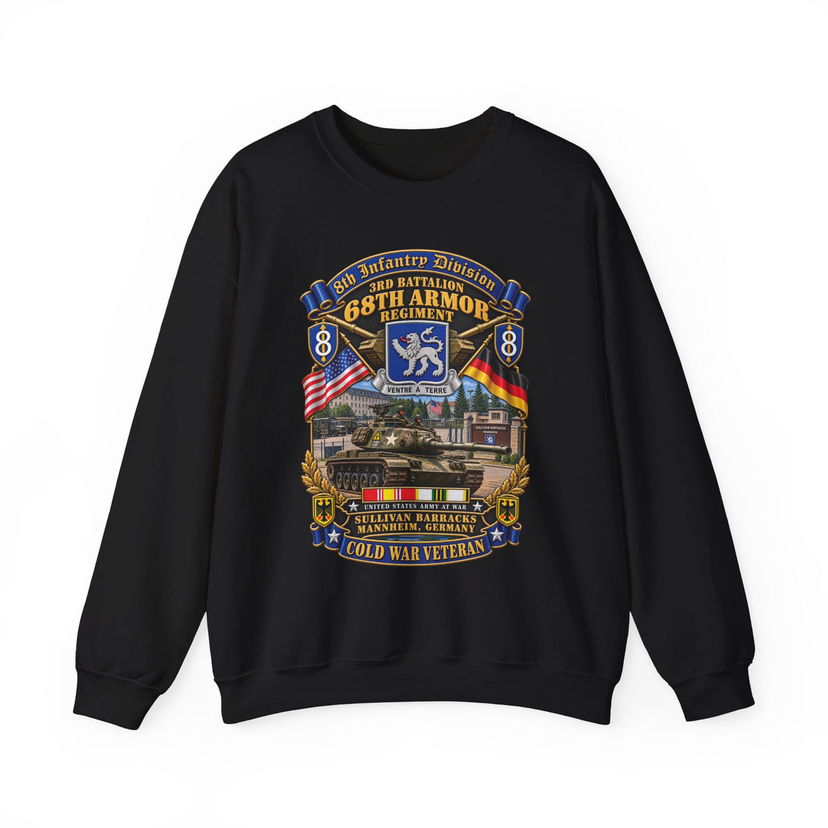 Crewneck Sweatshirt - 8th Infantry Division Scroll - 3rd Bn 68th Armor Regiment - Sullivan Barracks, Mannheim, Germany - Cold War Vet w COLD SVC - 3D - Enhanced