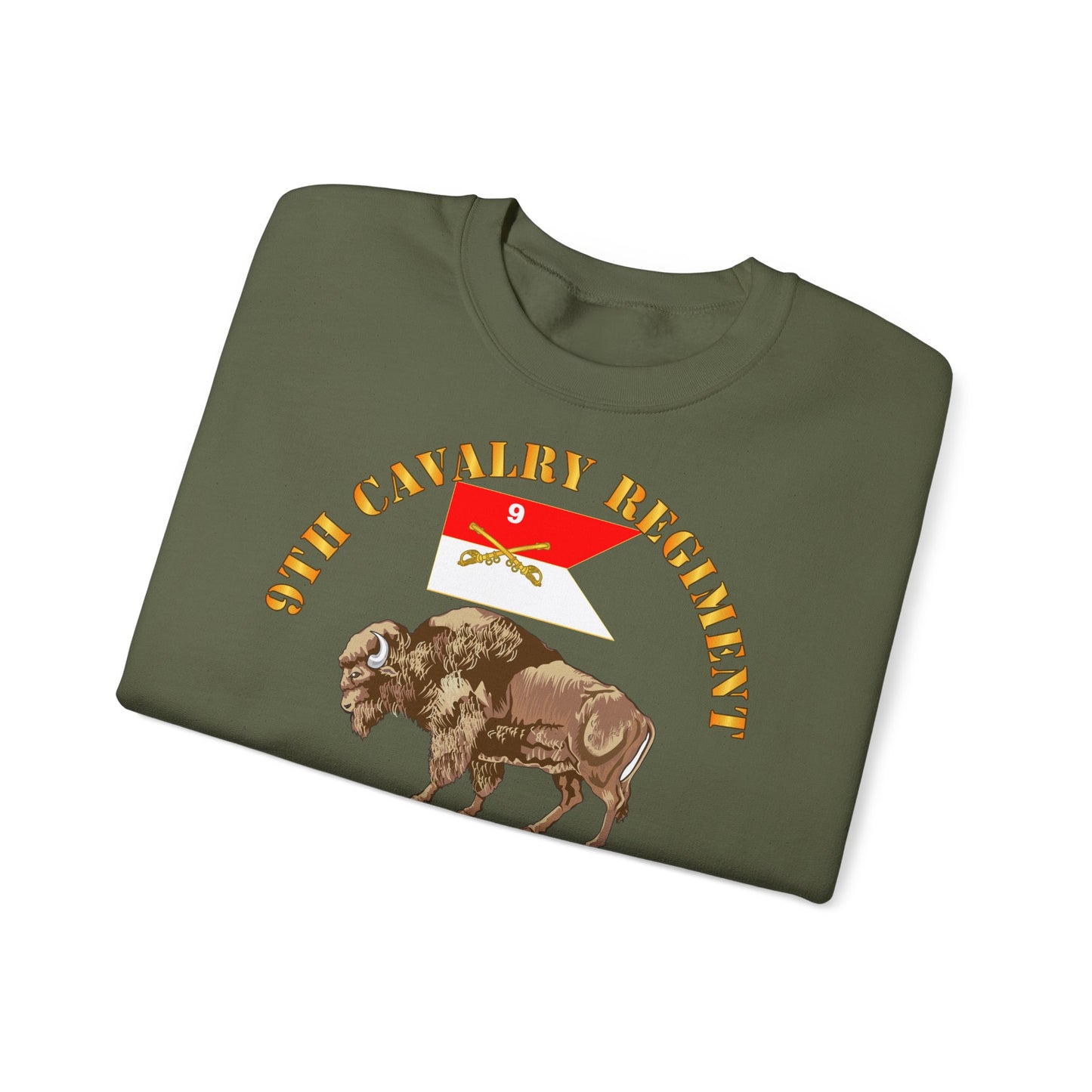 Crewneck Sweatshirt - Army - 9th Cavalry Regiment - Buffalo Soldiers w 9th Cav Guidon