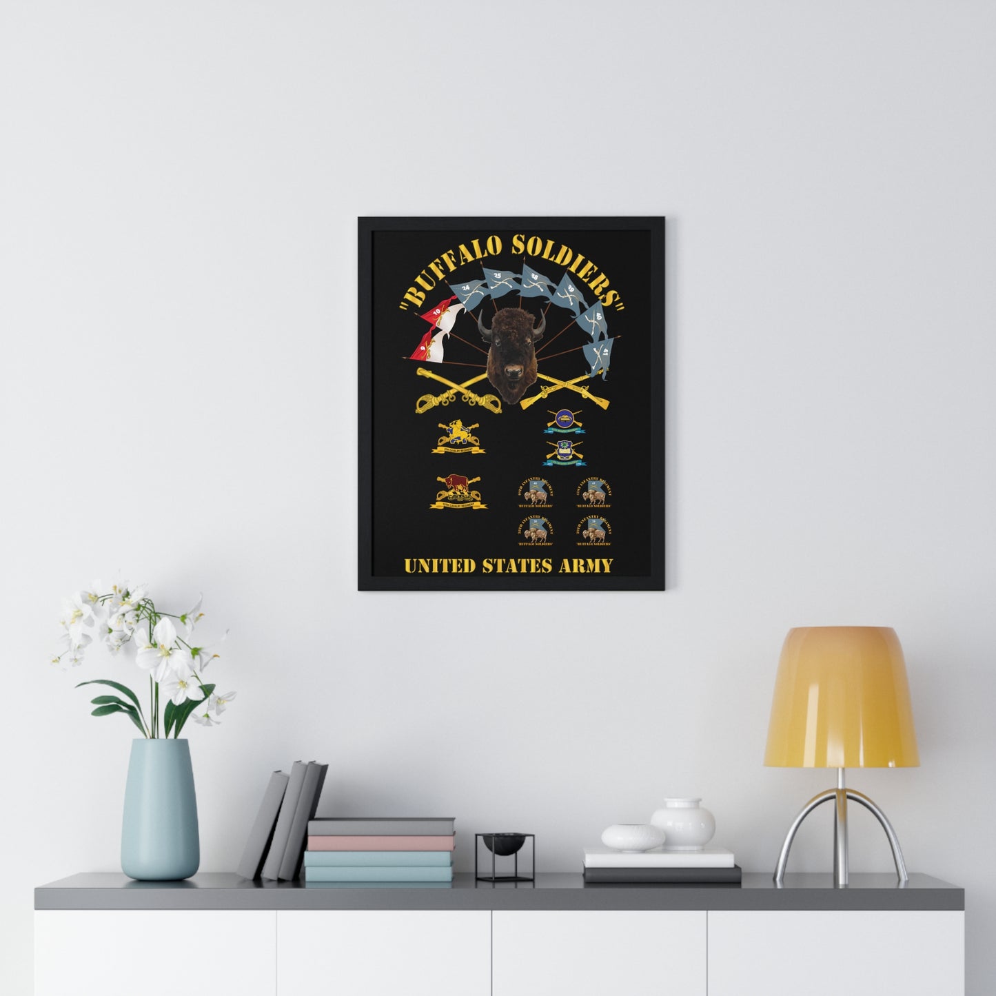 Vertical Framed Poster - Buffalo Soldiers Infantry Cavalry Guidons with Buffalo Head and Unit Crests US Army