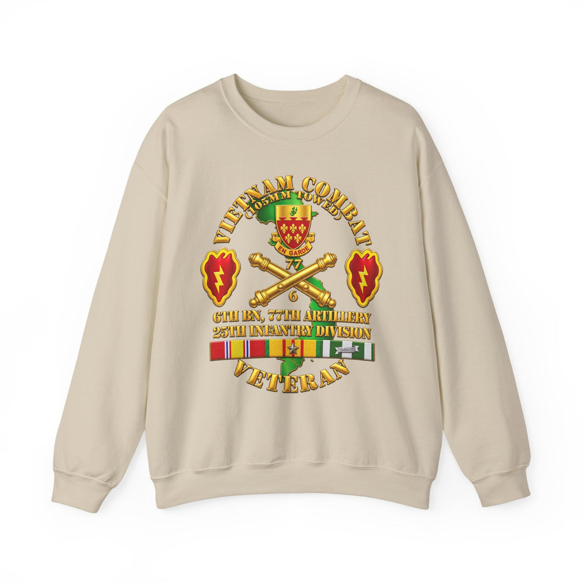 Crewneck Sweatshirt - Army - Vietnam Combat Veteran w 6th Bn 77th Artillery DUI -25th Infantry Div - 3D - Transparent