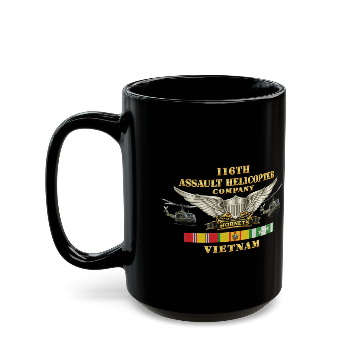 Black Mug  (15oz) - Army - 116th Assault Helicopter Co w  Aviator Badge w VN SVC - HORNETS - Side X Side - 3D - Enhanced