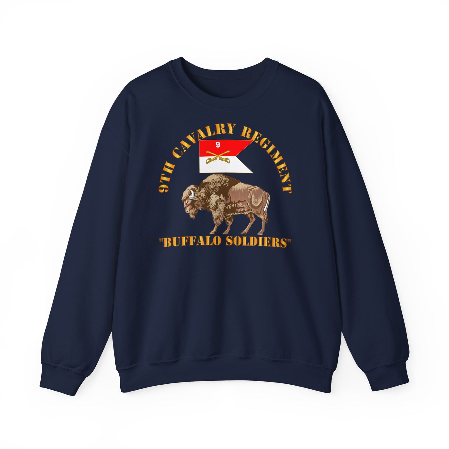 Crewneck Sweatshirt - Army - 9th Cavalry Regiment - Buffalo Soldiers w 9th Cav Guidon