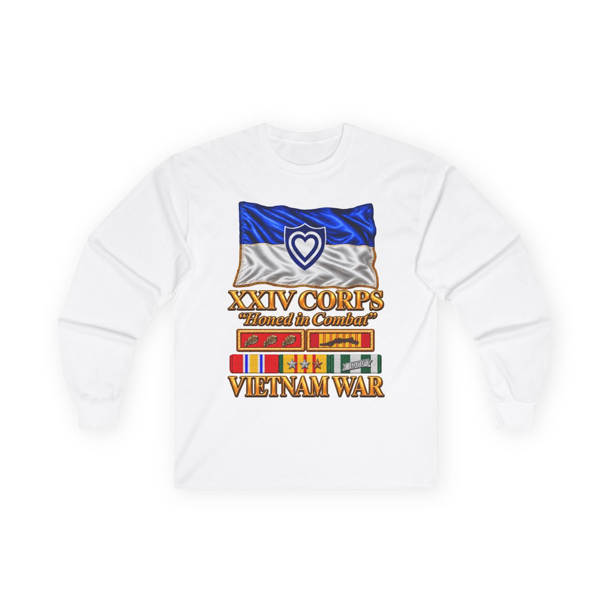 Unisex Ultra Cotton Long Sleeve Tee - Army - XXIV Corps Flag - Waving - Ribbons - Meritorious Awards - Vietnam War - 3D - Transparent