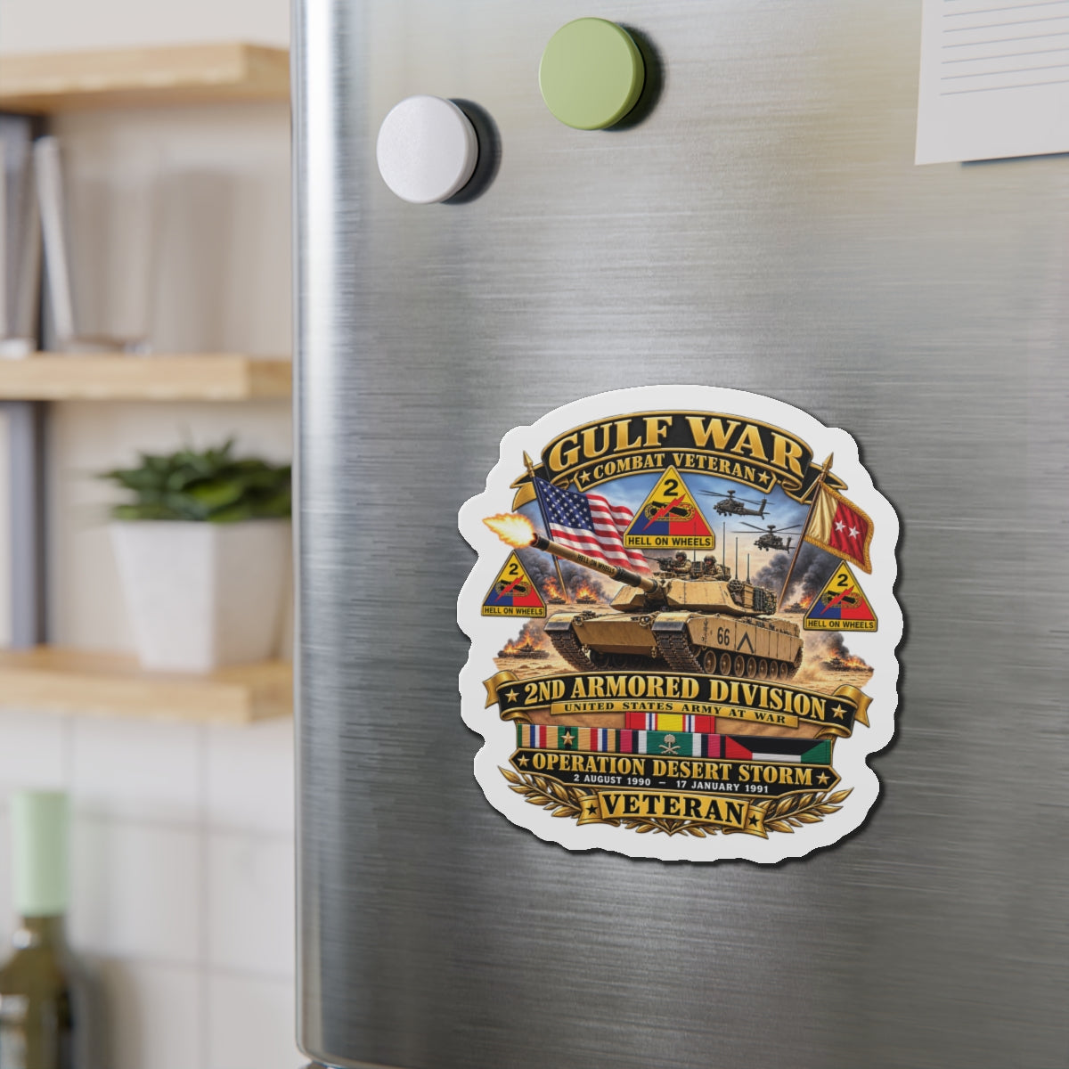 Die-Cut Magnets — Army - Desert Storm - 2nd Armored Div - Combat Vereran Veteran w GULF SVC - 3D - Enhanced
