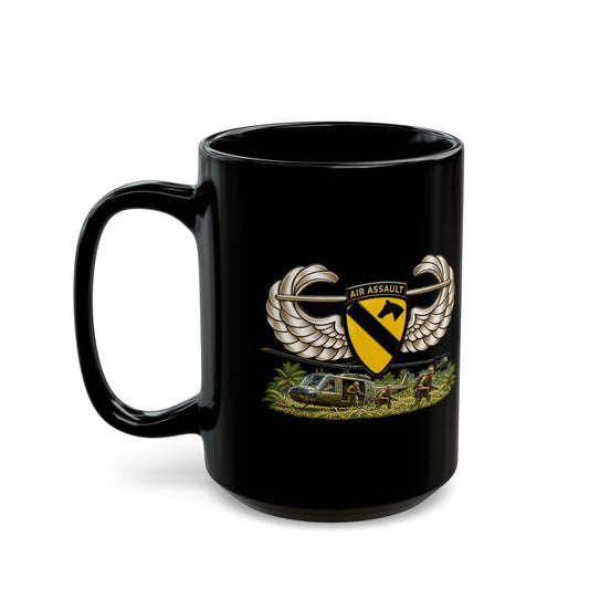 Black Mug  (15oz) - 1st Cavalry Division w Air Assault Tab on Airborne Badge with Air Assault Scene - 3D - Transparent