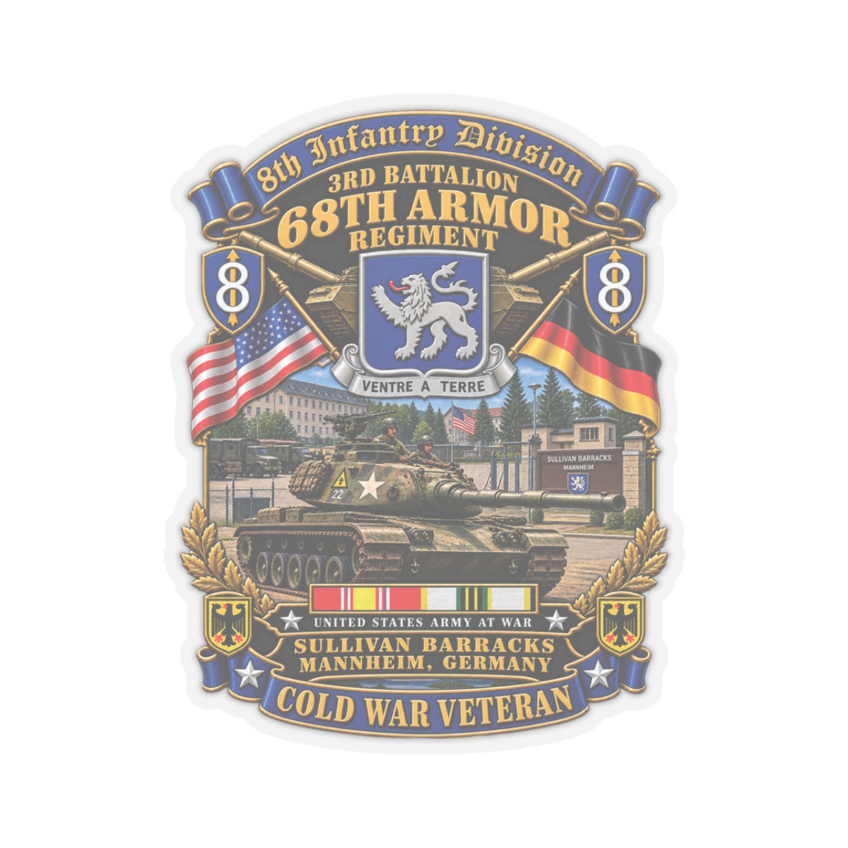 Kiss-Cut Stickers - 8th Infantry Division Scroll - 3rd Bn 68th Armor Regiment - Sullivan Barracks, Mannheim, Germany - Cold War Vet w COLD SVC - 3D - Enhanced