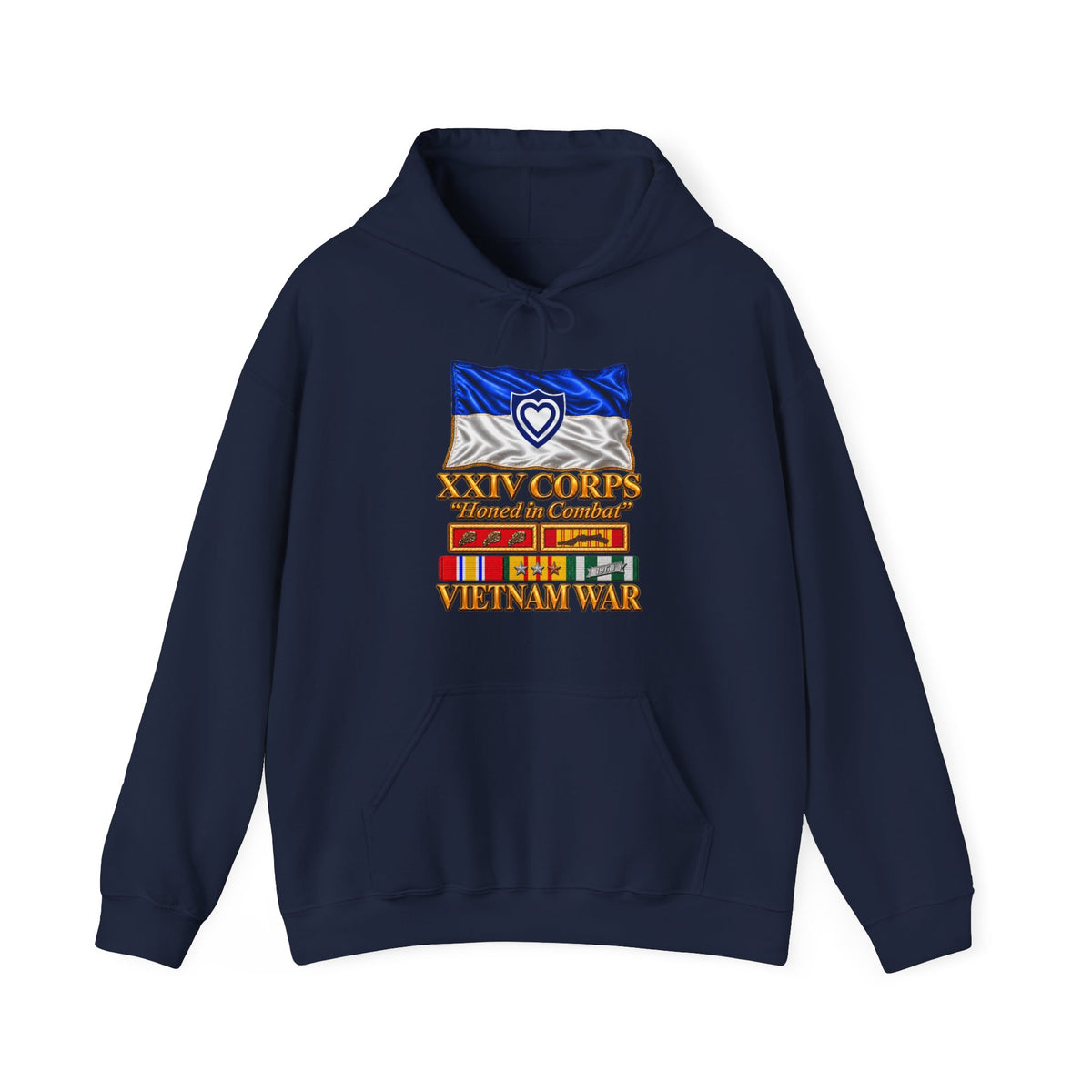 Hoodie — Army - XXIV Corps Flag - Waving - Ribbons - Meritorious Awards - Vietnam War - 3D - Transparent