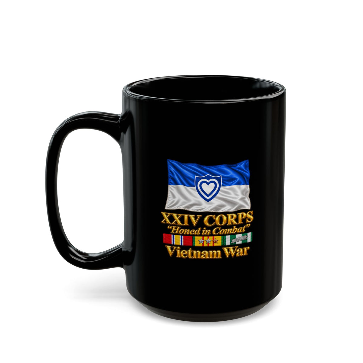 Black Mug  (15oz) - Army - XXIV Corps Flag - Waving - Ribbons - Vietnam War - 3D - Transparent