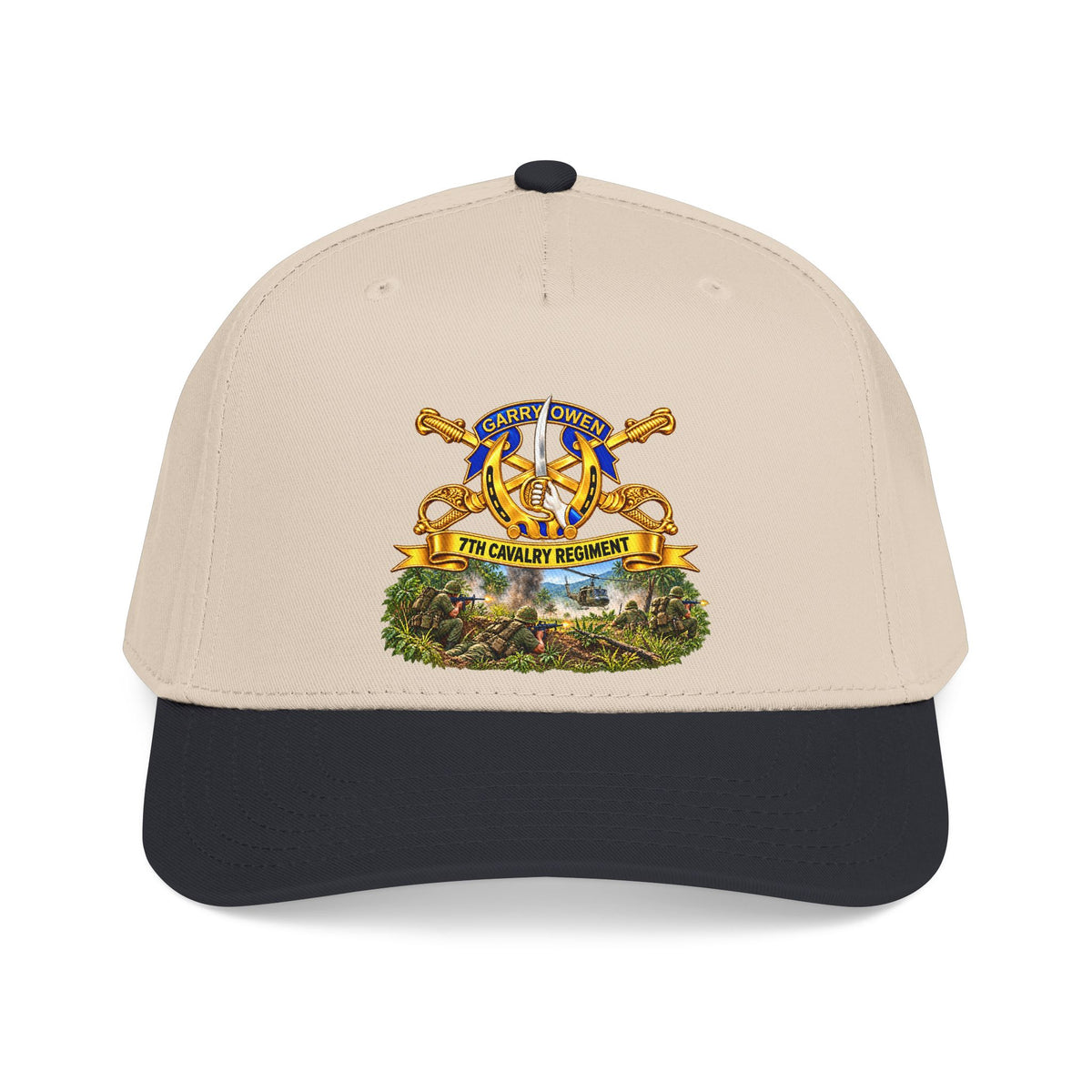 Mid Profile Baseball Cap — 7th Cavalry Regiment - DUI, Br, Ribbon w  Battle of Ia drang Valley Scene - Vietnam - 3D - Transparent