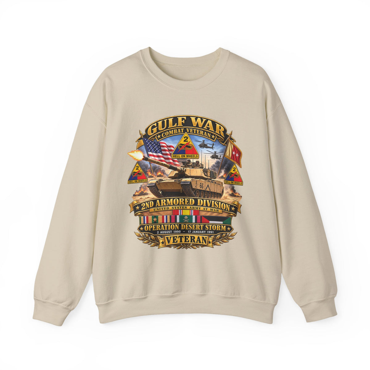 Crewneck Sweatshirt - Army - Desert Storm - 2nd Armored Div - Combat Vereran Veteran w GULF SVC - 3D - Enhanced