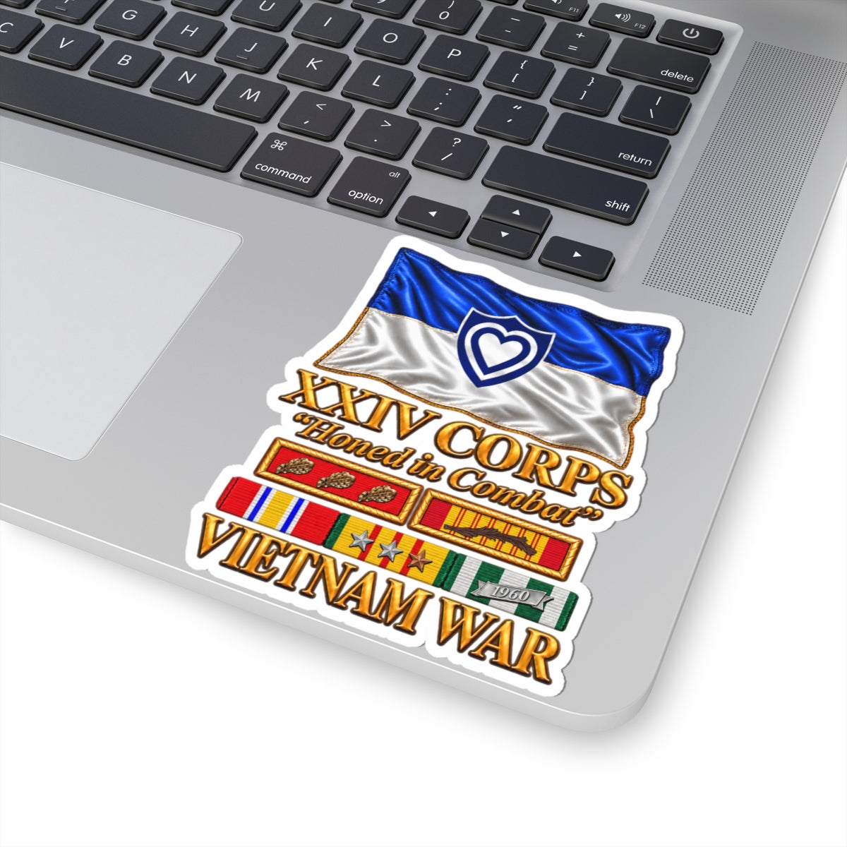 Kiss-Cut Stickers - Army - XXIV Corps Flag - Waving - Ribbons - Meritorious Awards - Vietnam War - 3D - Transparent