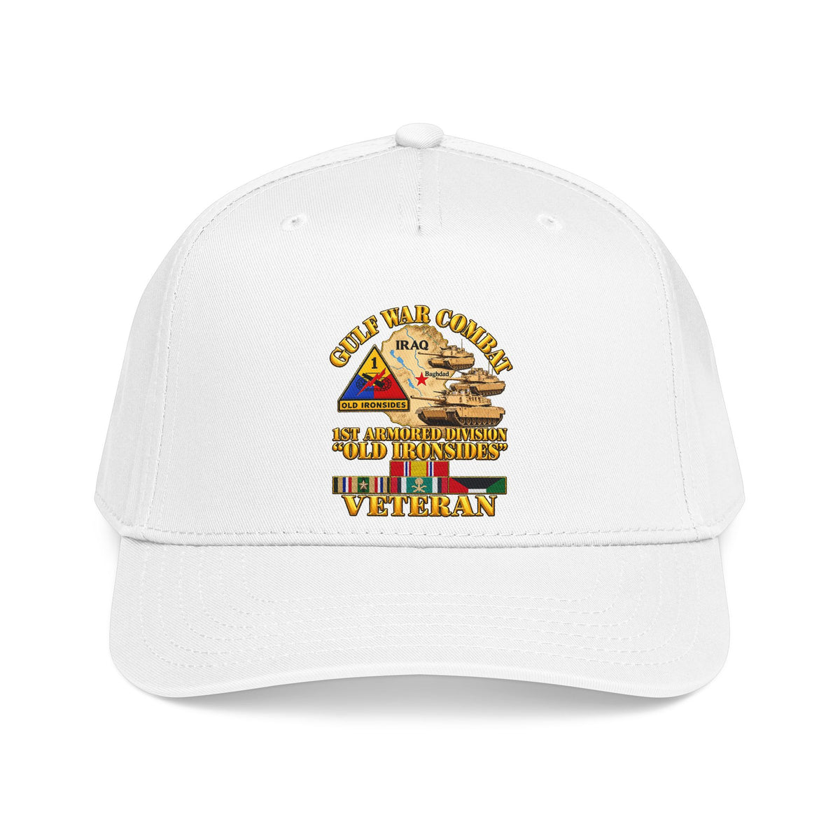 Mid Profile Baseball Cap - Army - Gulf War Combat - 1st Armored Divi - Old Ironsides - Veteran - Map w GULF SVC - 3D - Enhanced
