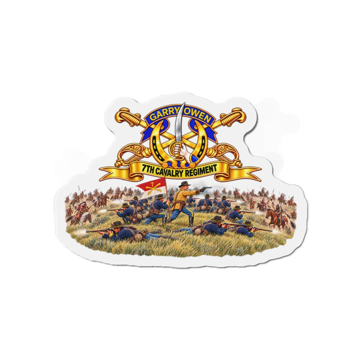 Die-Cut Magnets — 7th Cavalry Regiment - DUI, Br, Ribbon w  Battle of Little Big Horn Scene - 3D - Transparent