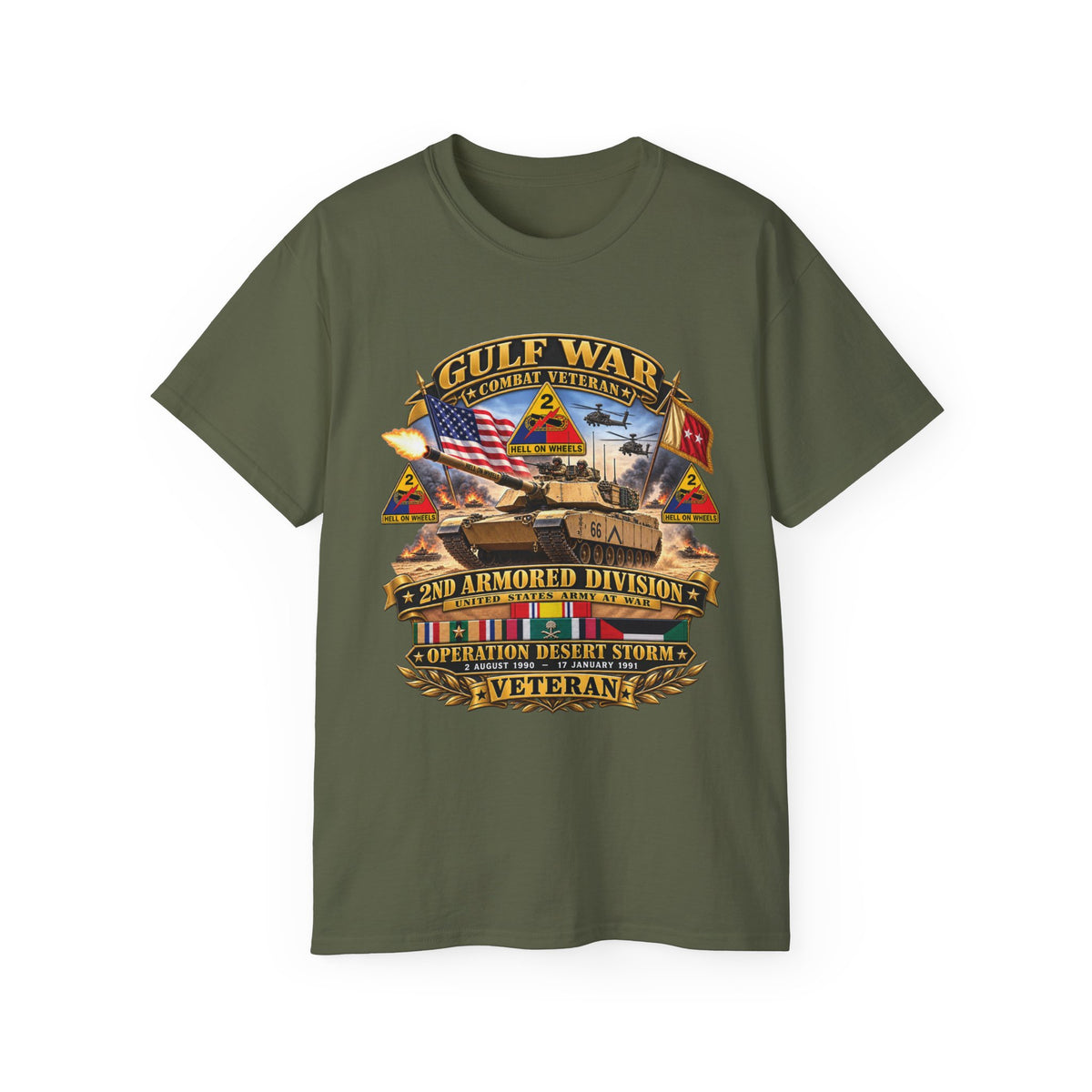 Unisex Ultra Cotton Tee - Army - Desert Storm - 2nd Armored Div - Combat Vereran Veteran w GULF SVC - 3D - Enhanced