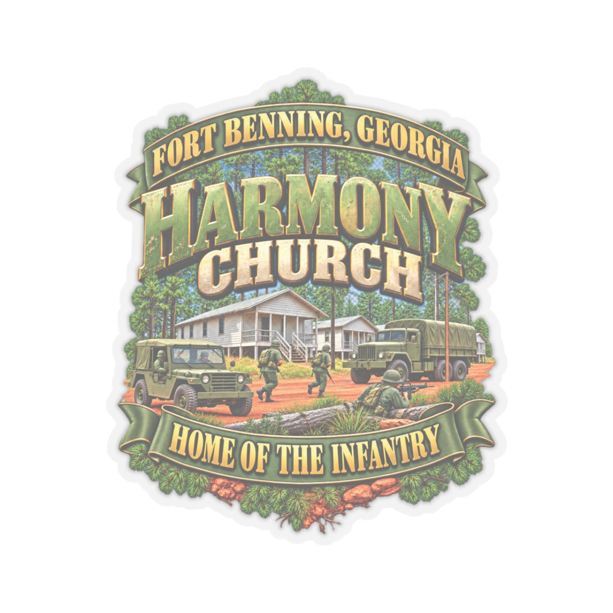 Kiss-Cut Stickers - Fort Benning, Georgia, Harmony Church - Home of the Infantry - 3D - Enhanced