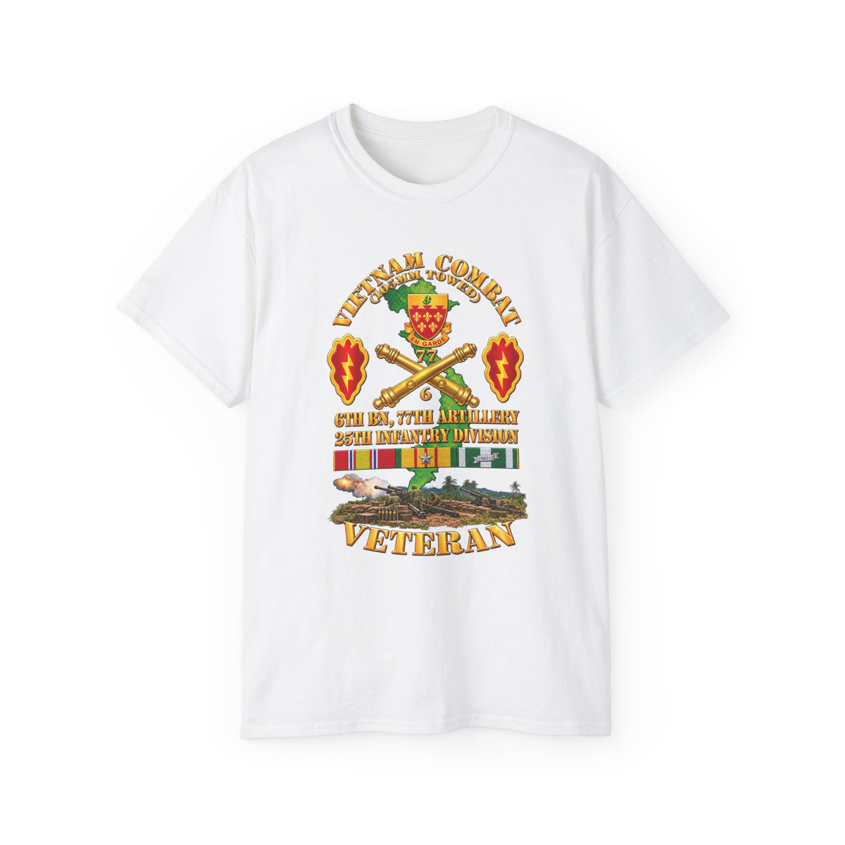 Unisex Ultra Cotton Tee - Army - Vietnam Combat Veteran w 6th Bn 77th Artillery DUI -25th Infantry Div w Fire Mission Scene - 3D - Transparent