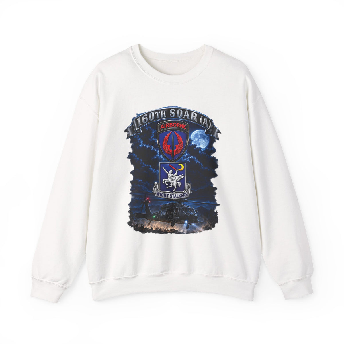 Crewneck Sweatshirt - USASOAC - SSI, 160th Special Operations Regiment Airborne  DUI with Scene Blackhawk - 3D - Enhanced