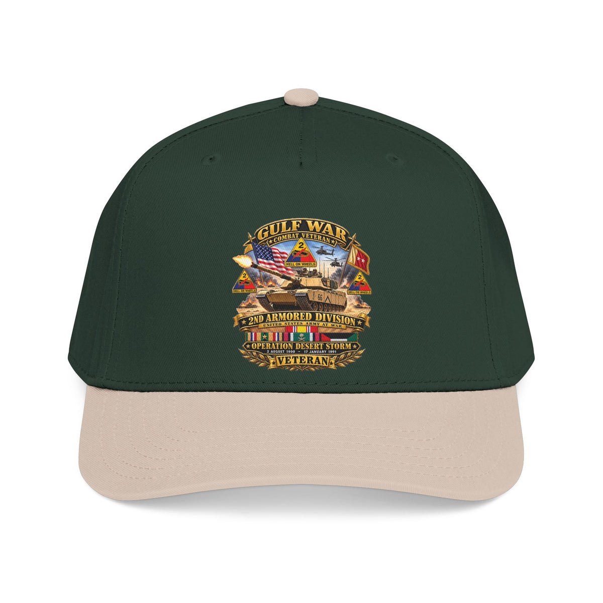 Mid Profile Baseball Cap - Army - Desert Storm - 2nd Armored Div - Combat Vereran Veteran w GULF SVC - 3D - Enhanced