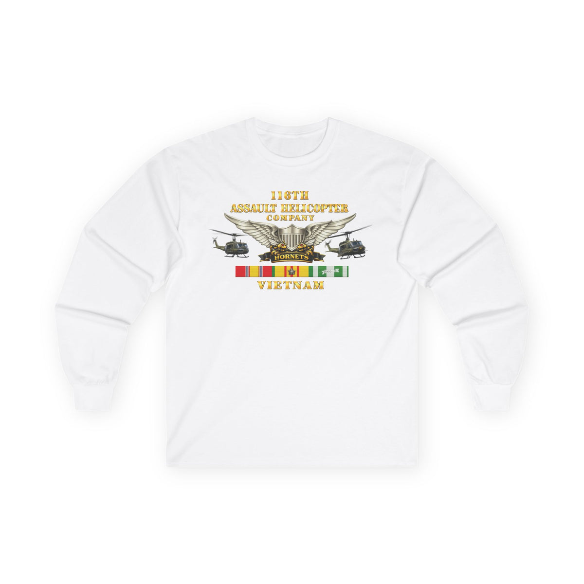 Unisex Ultra Cotton Long Sleeve Tee - Army - 116th Assault Helicopter Co w  Aviator Badge w VN SVC - HORNETS - Side X Side - 3D - Enhanced