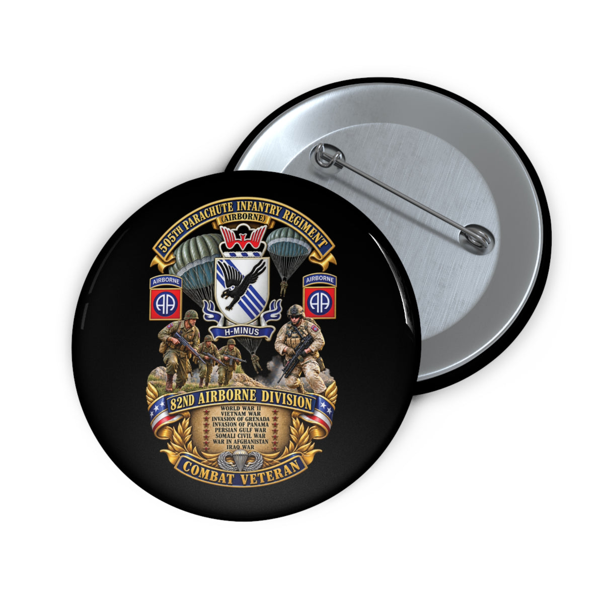 Custom Pin Buttons - Army - Combat Vet w 505th PIR - 82nd Airborne  w Campaigns - Soldiers - SSI - 3D - Enhanced