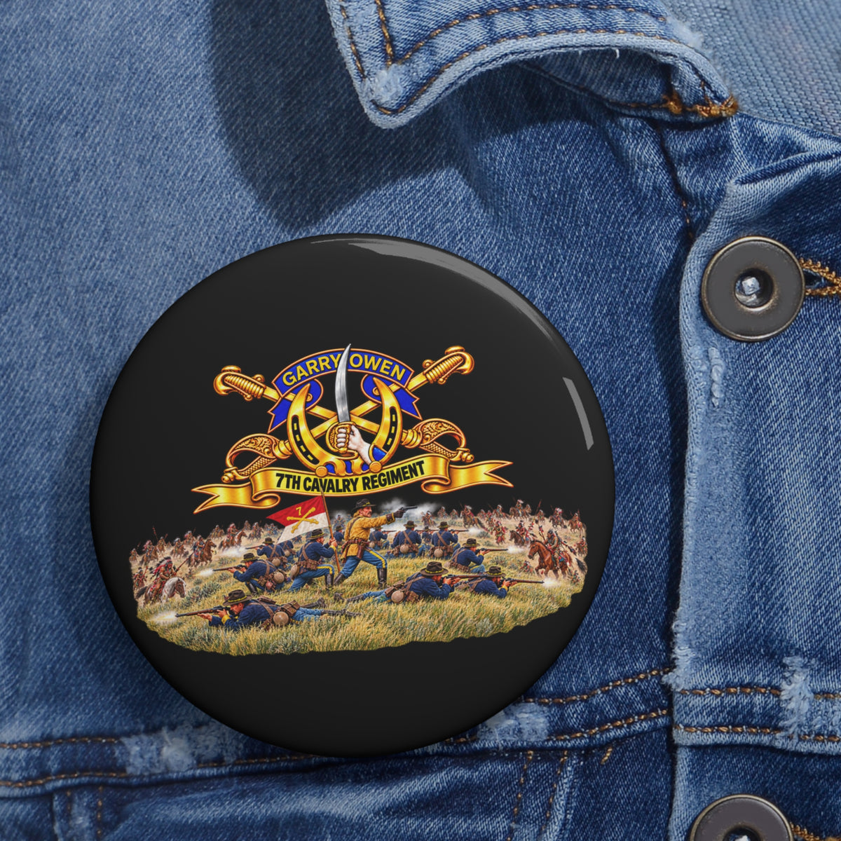 Custom Pin Buttons - 7th Cavalry Regiment - DUI, Br, Ribbon w  Battle of Little Big Horn Scene - 3D - Transparent