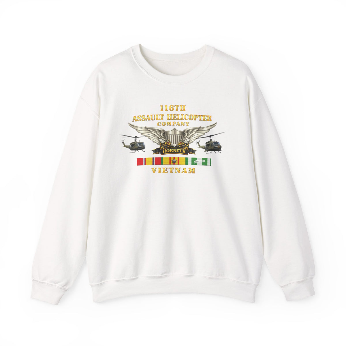 Crewneck Sweatshirt - Army - 116th Assault Helicopter Co w  Aviator Badge w VN SVC - HORNETS - Side X Side - 3D - Enhanced