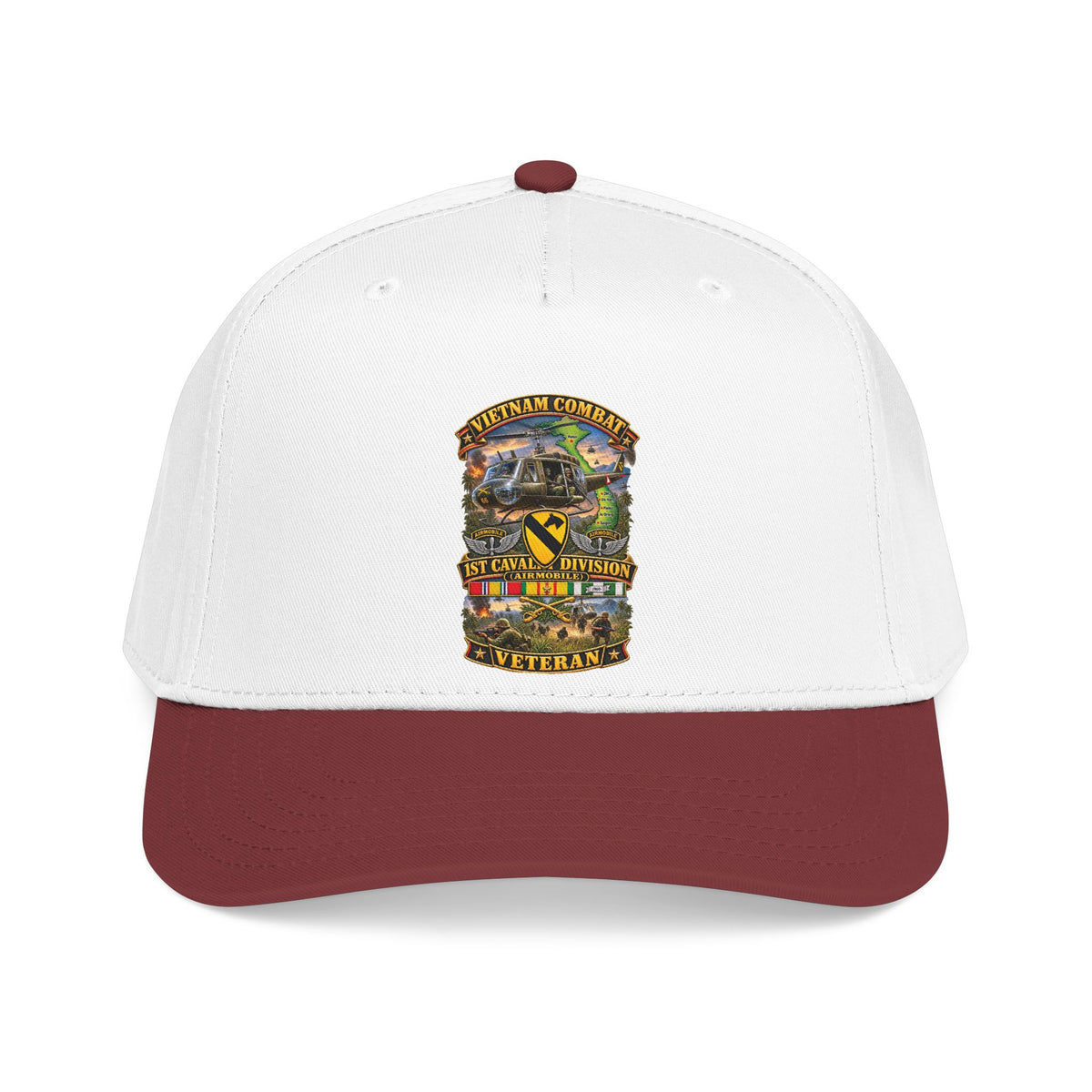 Mid Profile Baseball Cap - Army - Vietnam Combat Cavalry Veteran w 1st Cav Div SSI  Big Helo - 3D - Enhanced