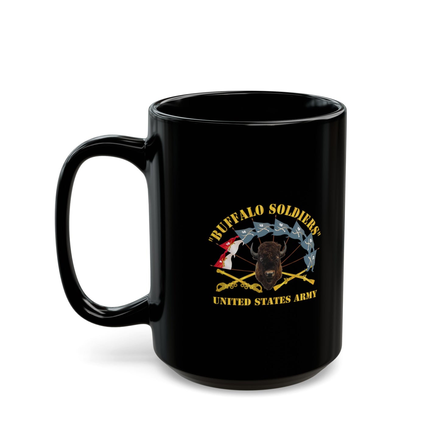 Black Mug 15oz - Army - Buffalo Soldiers - Infantry - Cavalry Guidons w Buffalo Head - US Army X 300