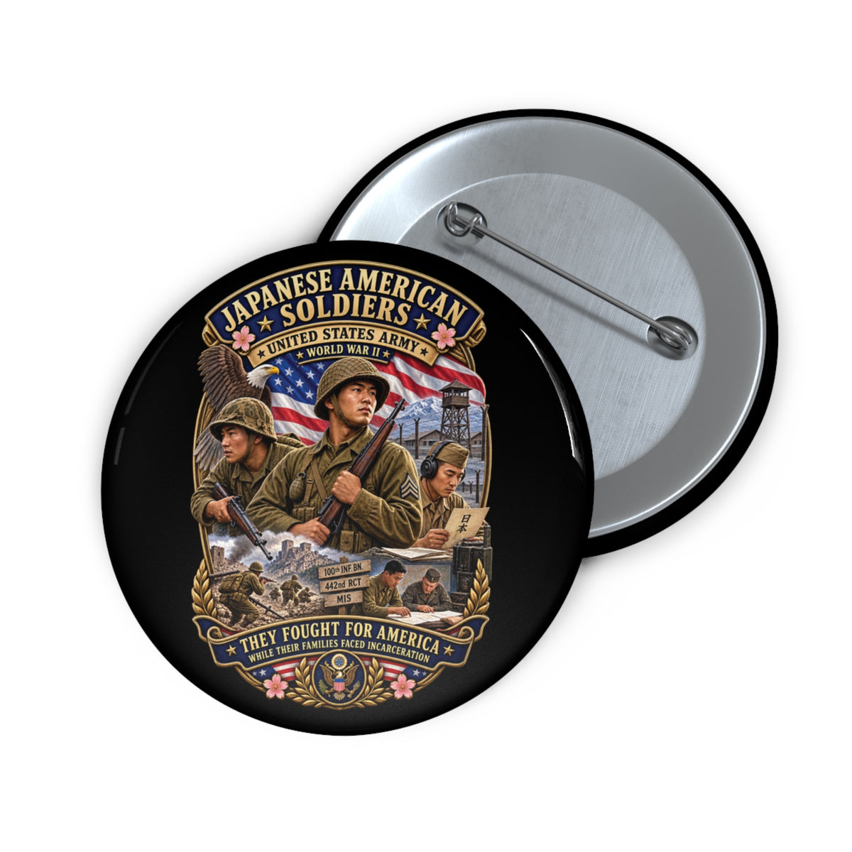 Custom Pin Buttons - Japanese American WWII Soldiers - 3D - Enhanced